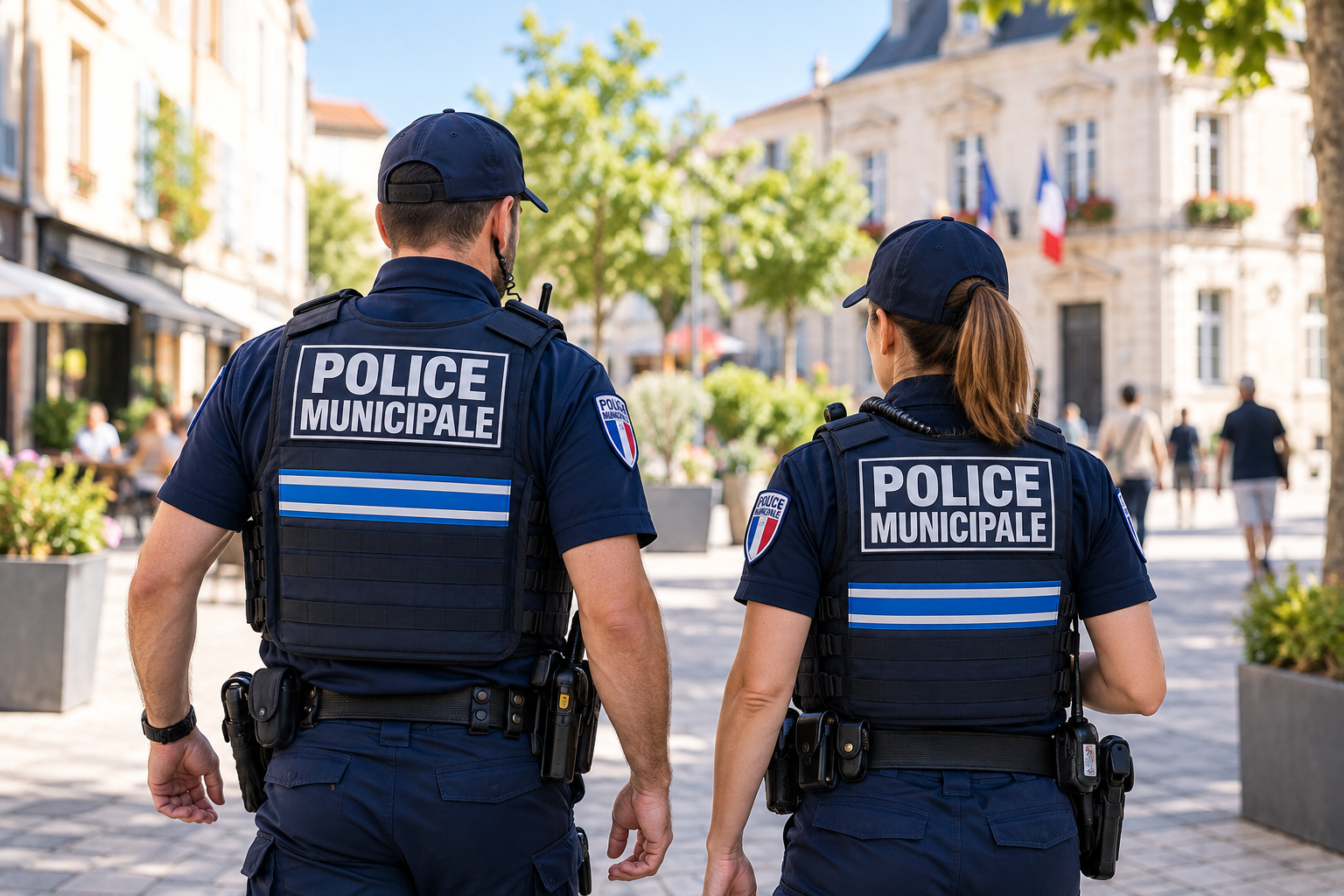 Policiers municipaux dans une rue de dos, lors d'un évènements public.Logiciel de gestion police municipale